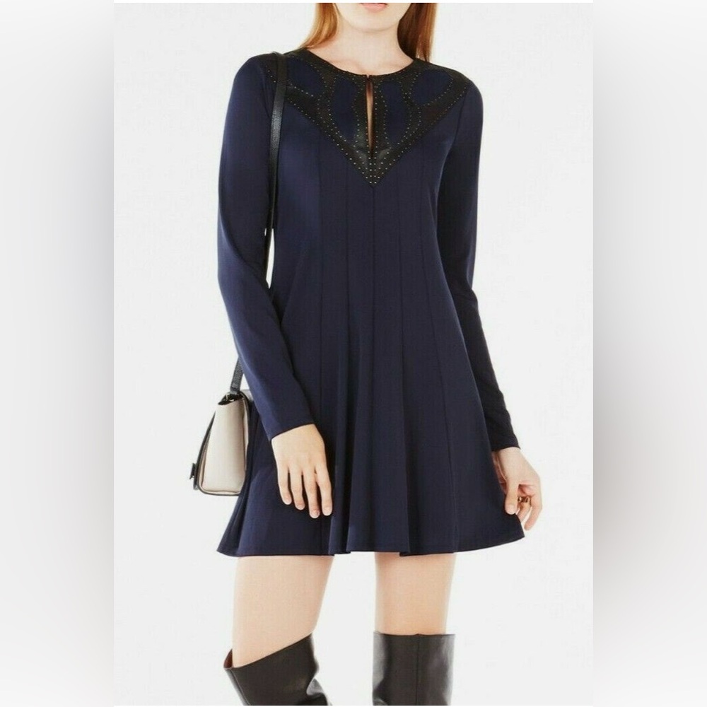 BCBGMAXAZRIA JAENA EMBELLISHED LONG SLEEVE FLOUNCED DRESS MIDNIGHT